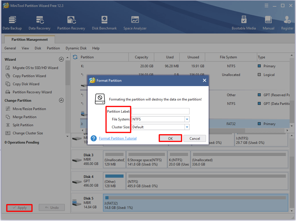format USB drive via MiniTool Partition Wizard