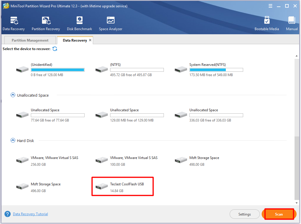choose USB drive and click scan