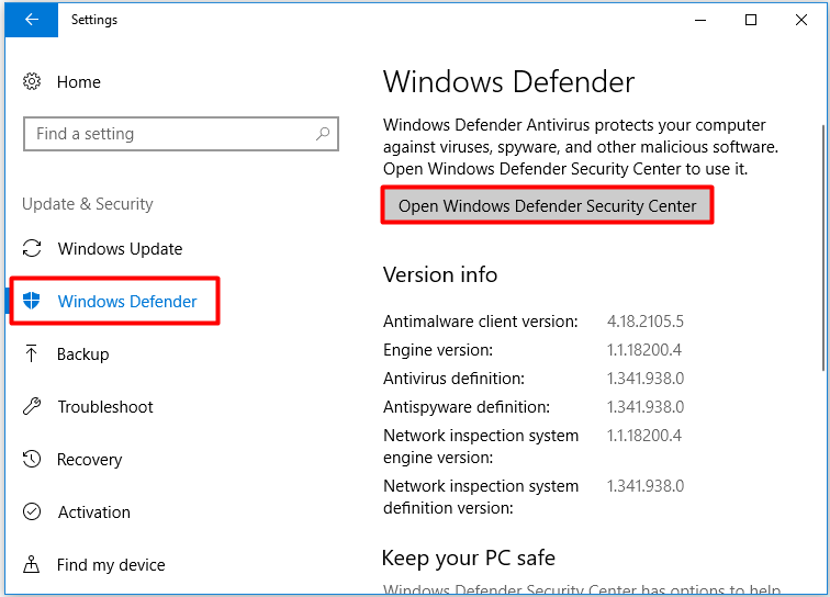 Open Windows Defender Security Center