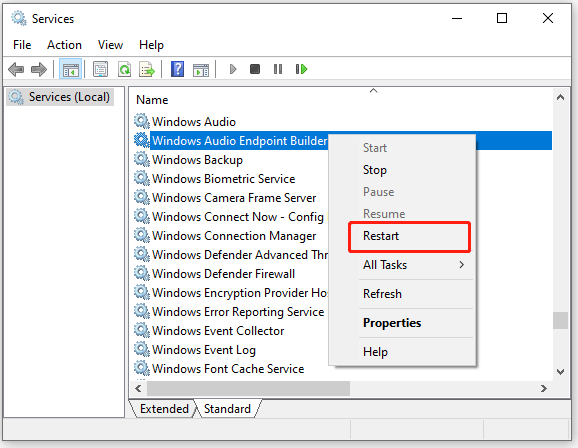 restart the Windows Audio Endpoint Builder service