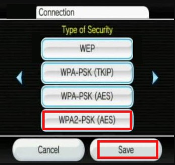 select the AES security type on the Wii console