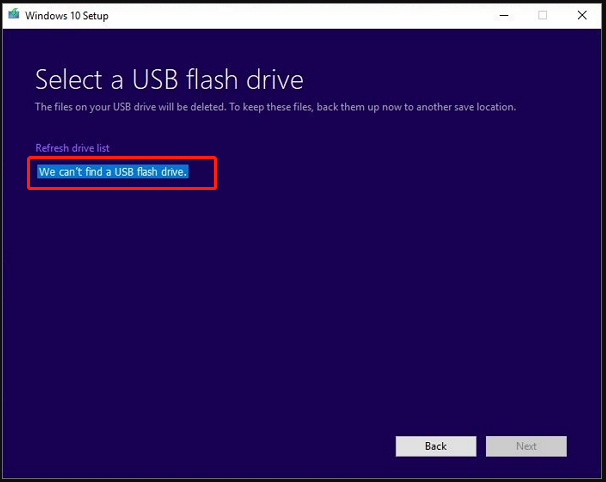 windows 10 setup we can't find a usb flash drive