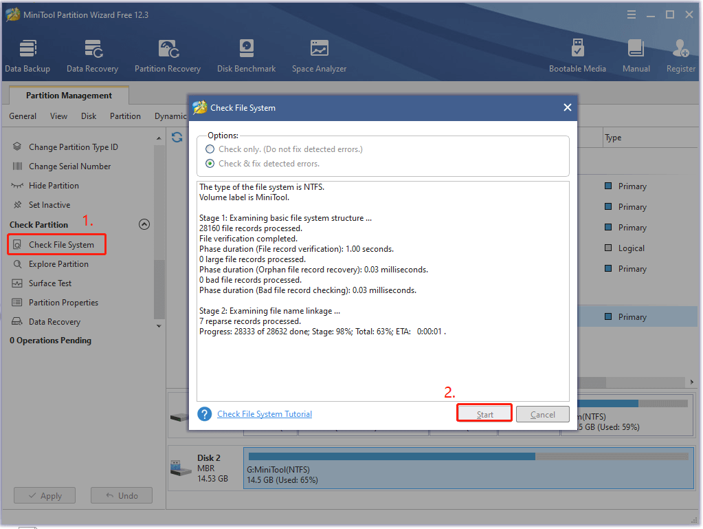 check and fix detected errors using MiniTool Partition Wizard