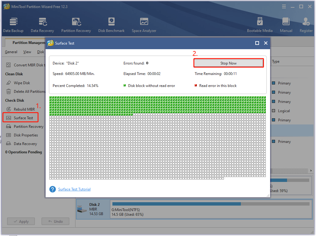perform a Surface Test with MiniTool Partition Wizard