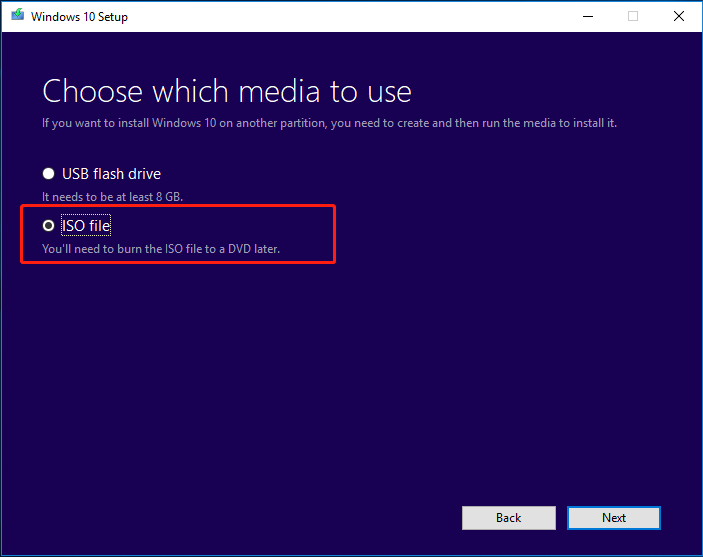 select ISO file from the Windows 10 creation media tool
