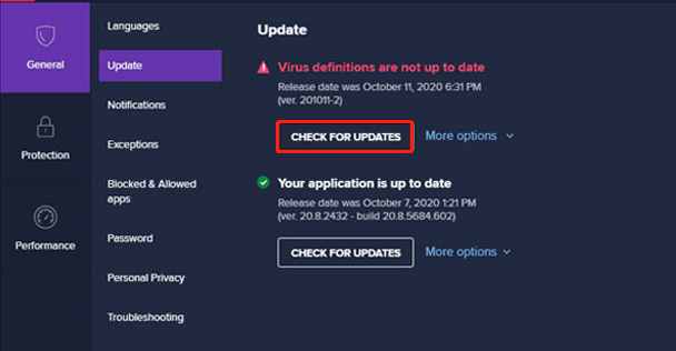 click Check for Updates on Avast