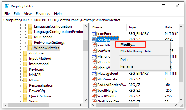 right click IconSpacing and select Modify