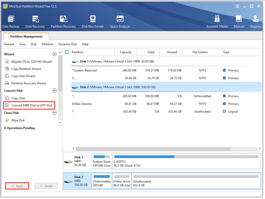 convert MBR to GPT disk using MiniTool Partition Wizard