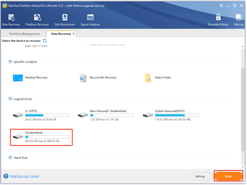 click on Scan to recover data in MiniTool Partition Wizard