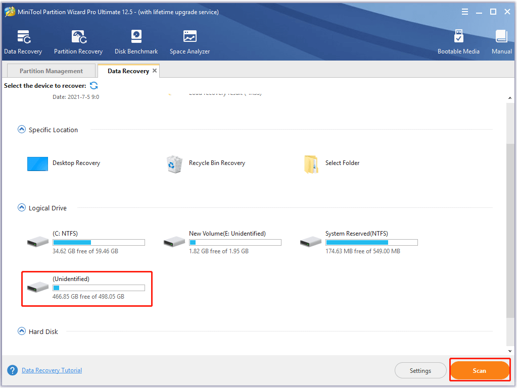 not able to change drive letter and paths click on Scan to recover data in MiniTool Partition Wizard