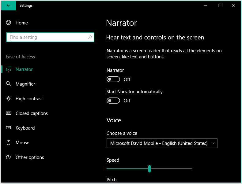 settings of Ease of Access
