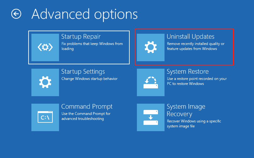select Uninstall Updates in Advanced options