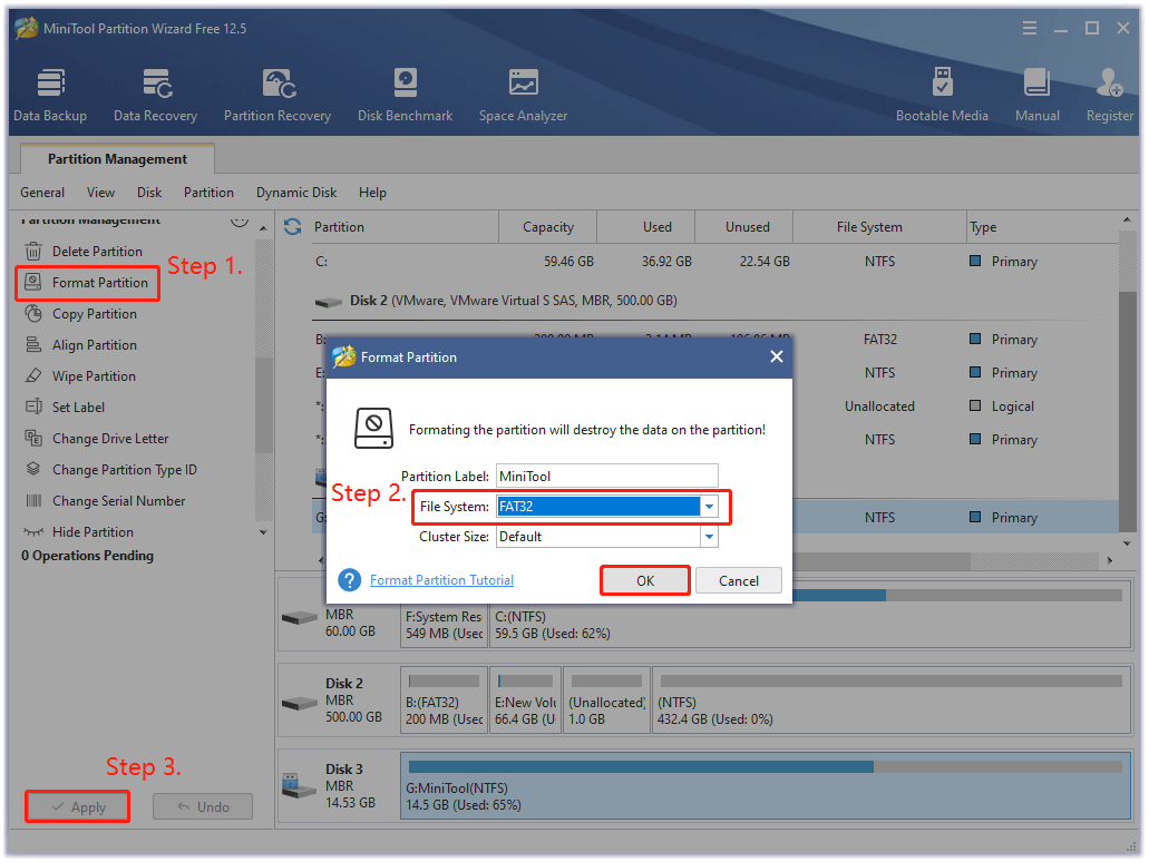 format an SD card to FAT32 using MiniTool Partition Wizard