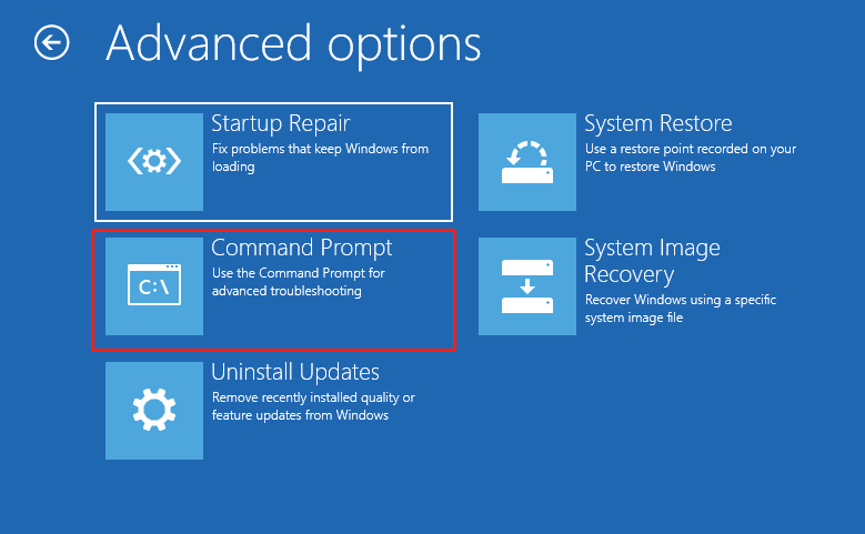 select command prompt in Advanced options