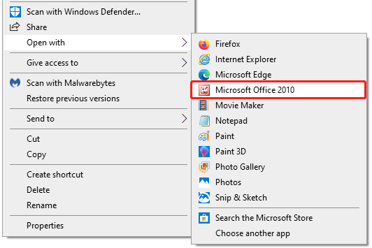 open with Microsoft Office 2010