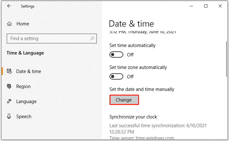 click on Change under Set the date and time manually
