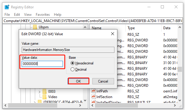 change value data of memory size in Registry Editor