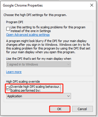 Override high DPI scaling behaviour. Scaling performed by checkbox