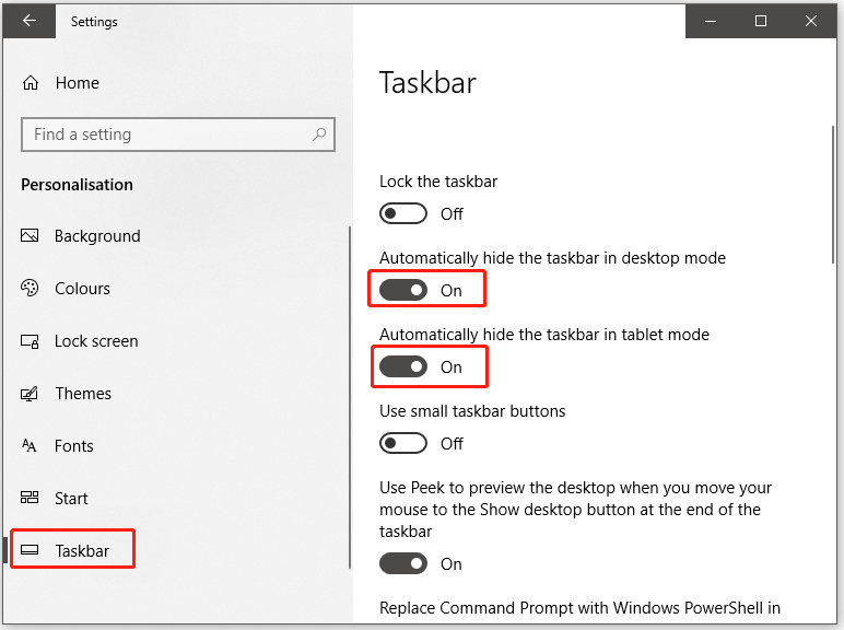 turn on Automatically hide the taskbar in desktop or tablet mode