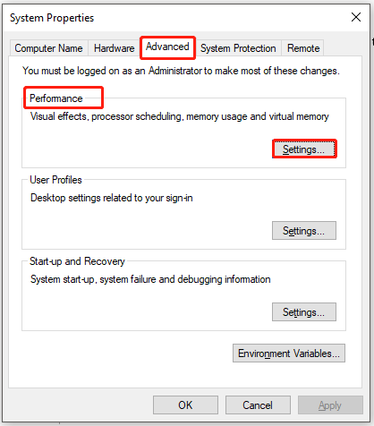 click Settings under the Performance section