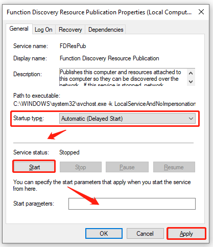 change the startup type of Function Discovery Resource Publication