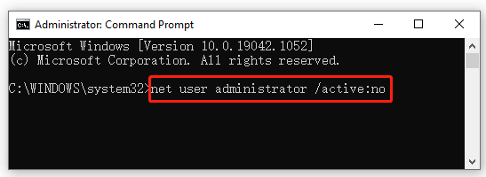 disable the administrator account in Command Prompt