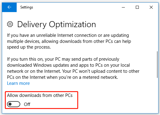 toggle of the switch of Allow downloads from other PCs