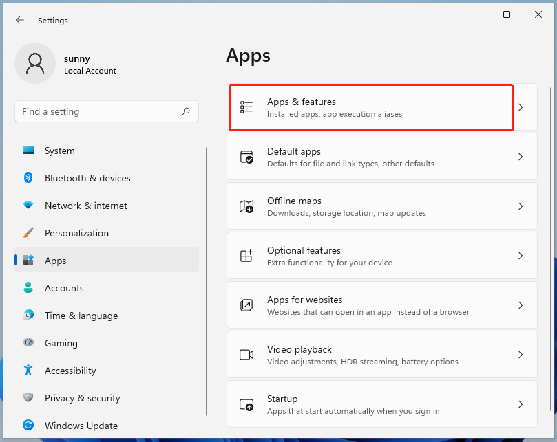 click on apps and features