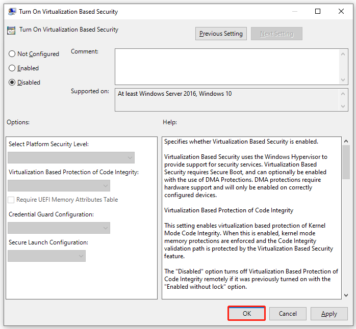 disable Turn on Virtualization Based Security