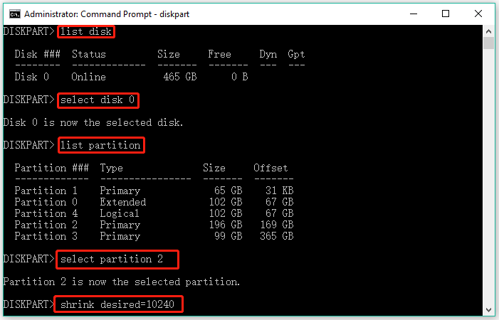 shrink a volume via Diskpart