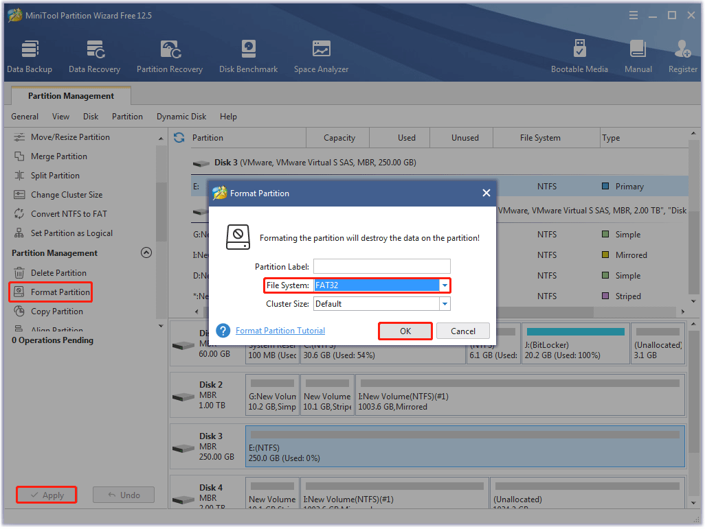 format SD card via MiniTool Partition Wizard.