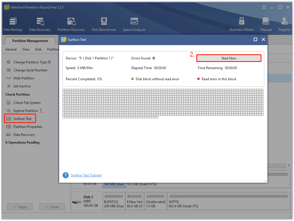 perform a Surface Test using MiniTool Partition Wizard