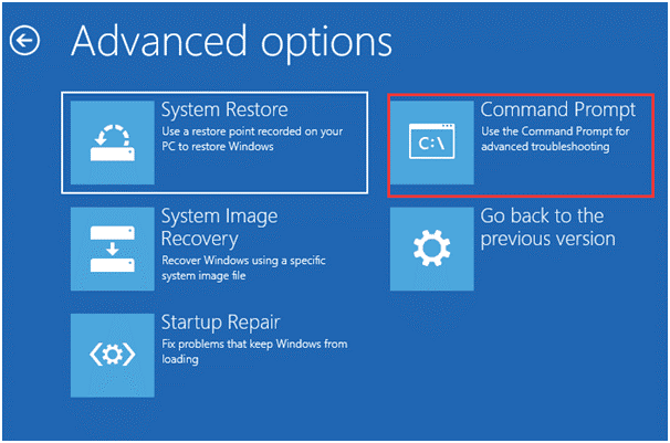 select Command Prompt in the Advanced options