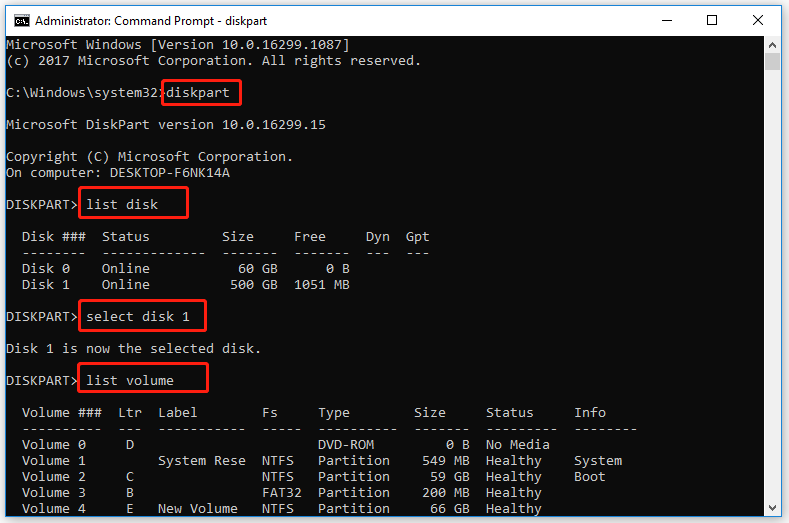use diskpart to list volumes on the hard drive