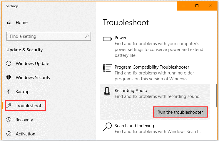 run Recording Audio troubleshooter