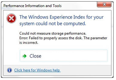Windows Experience Index could not measure storage performance