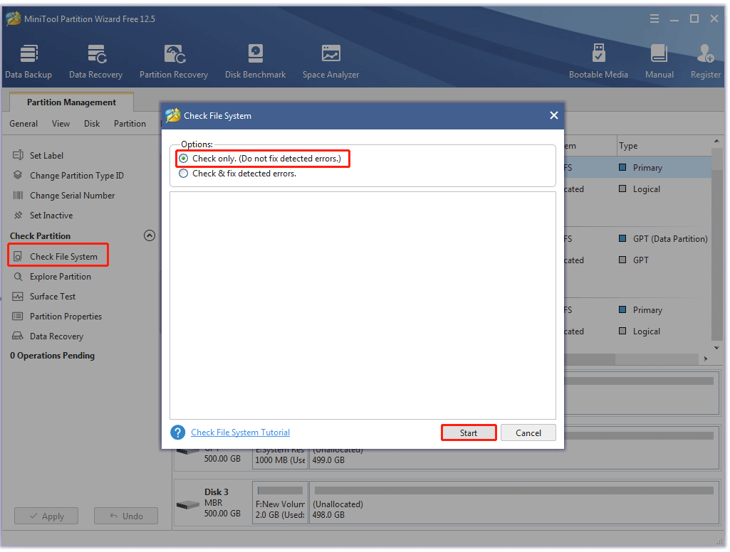 check file system errors using MiniTool Partition Wizard
