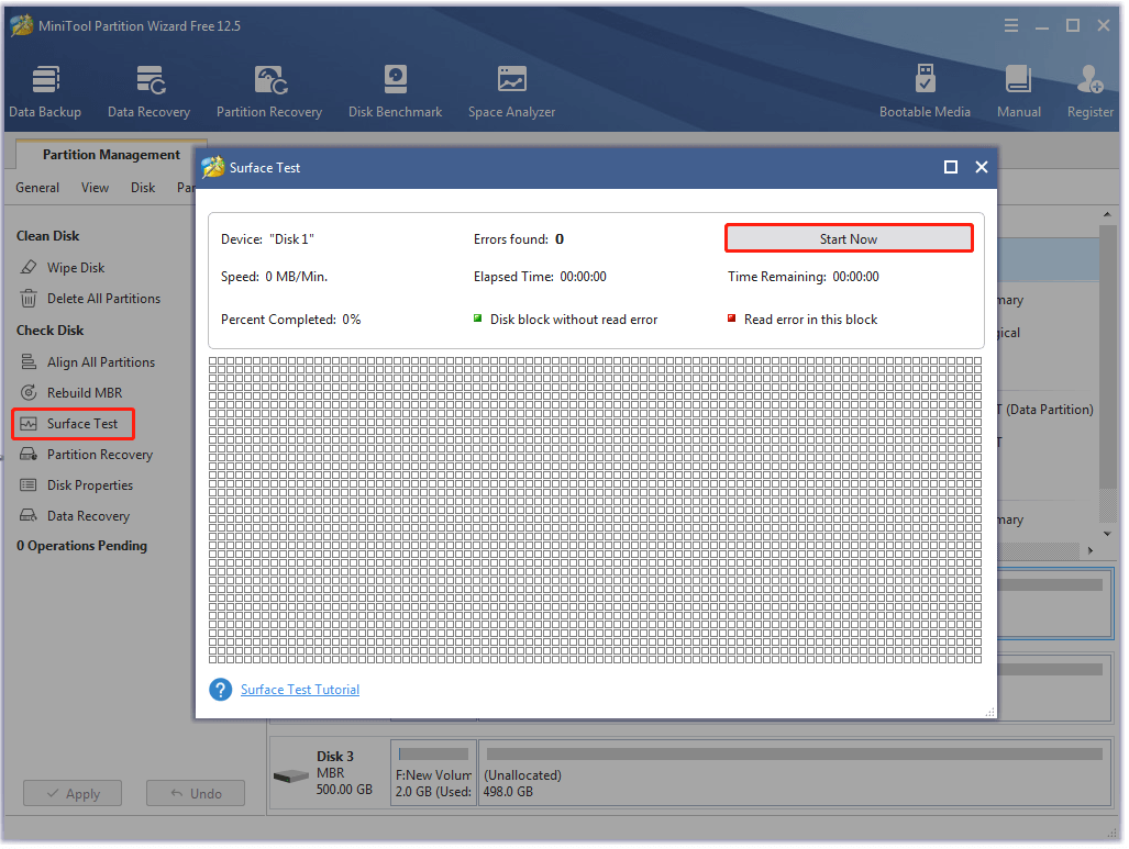 perform a surface test on MiniTool Partition Wizard