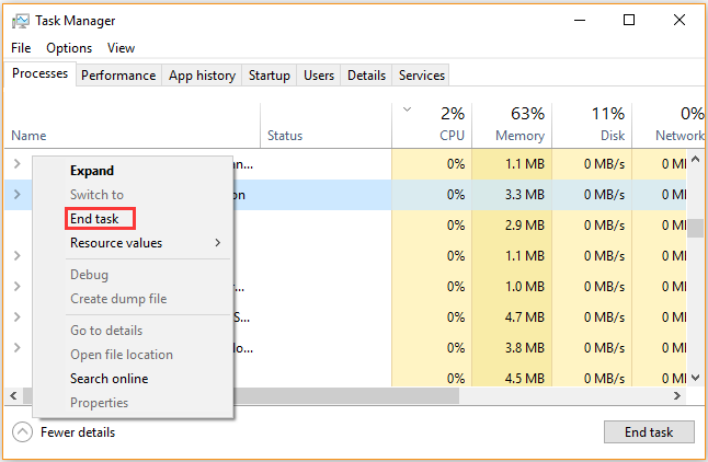 select End task in Task Manager