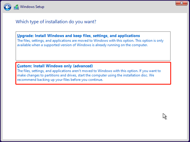 click Custom install