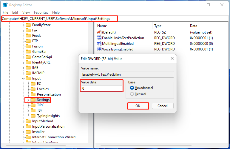 enable Text Suggestions Windows 11 via Registry Editor