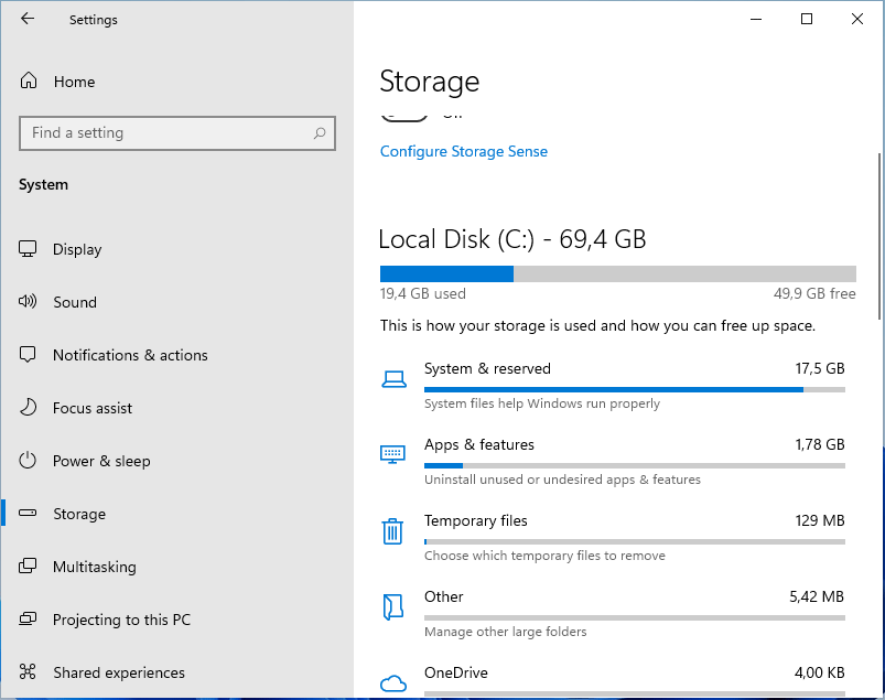 check disk space using Windows Settings