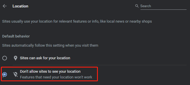 choose Don’t allow sites to see your location