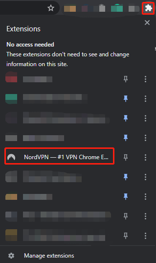 choose NordVPN from the Extensions menu