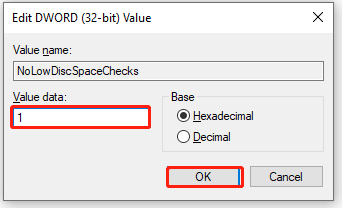 disable low disk space warning Windows 10 via Registry Editor