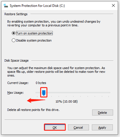 adjust the System Protection space
