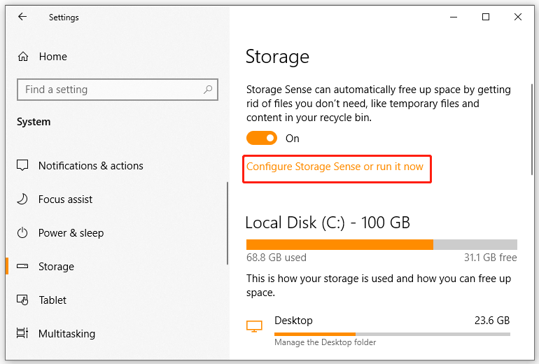 click on Configure Storage Sense