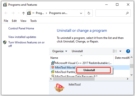 uninstall a program Windows 10