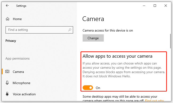 Allow apps to access your camera
