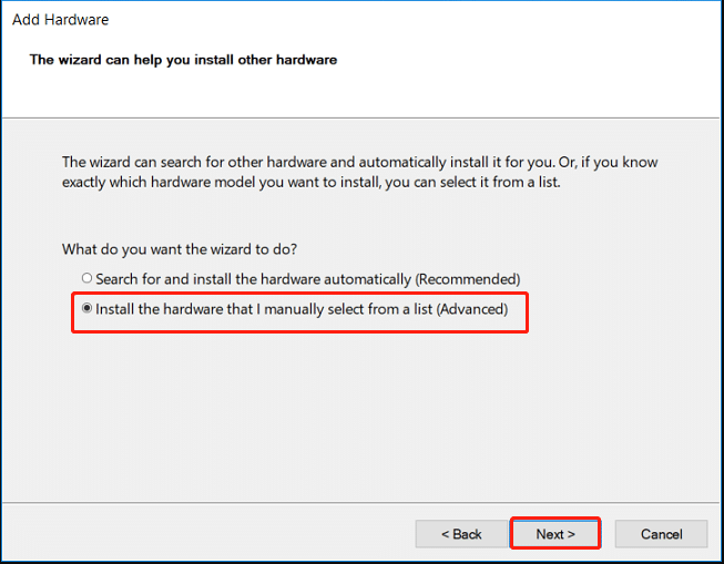 Install the hardware that I manually select from a list